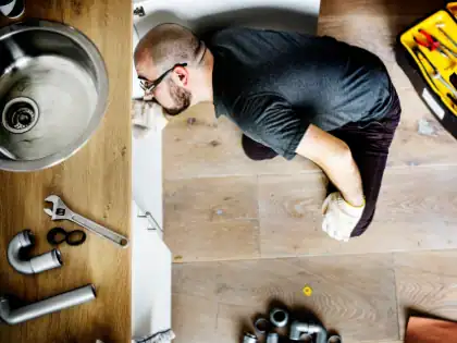 Clogged drain repair by professional plumber in home kitchen.