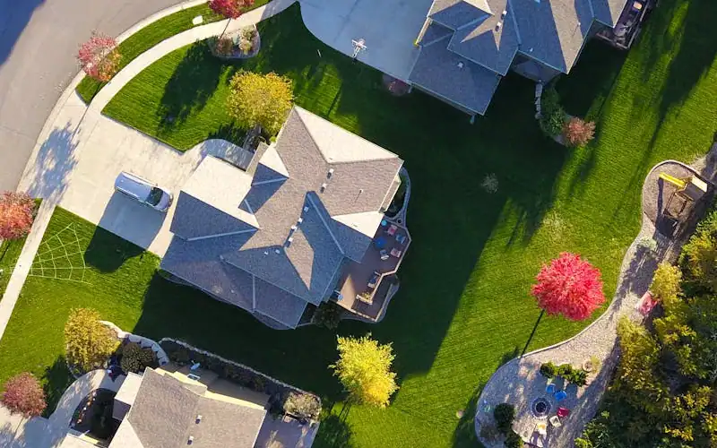 A picturesque aerial view showcasing suburban homes