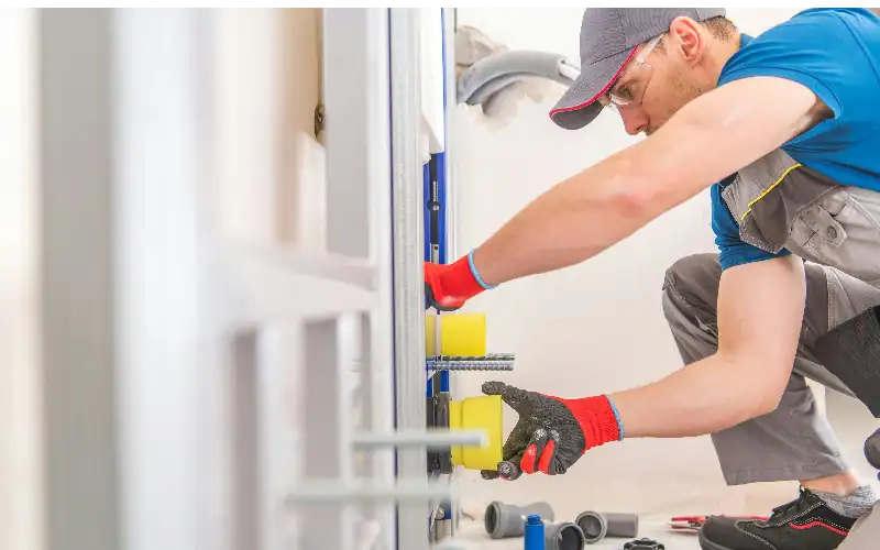 A plumber repairs plumbing in a bathroom