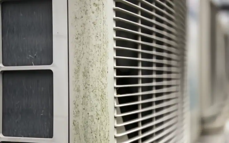 Air conditioning units in a row with water droplets