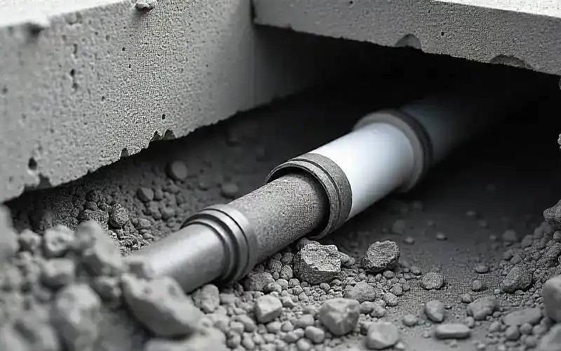 Cutaway view of plumbing lines running beneath a concrete slab