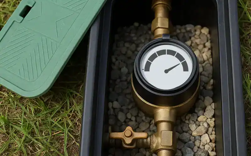 Open residential water meter box in a yard
