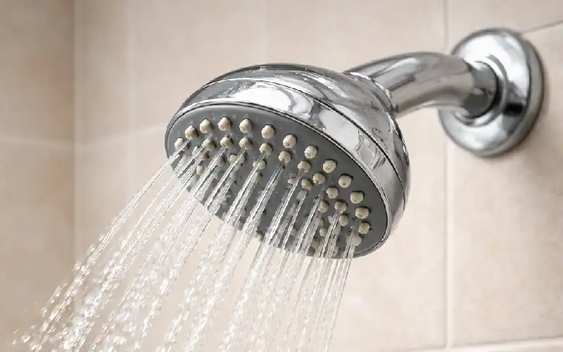 Shiny chrome showerhead in action