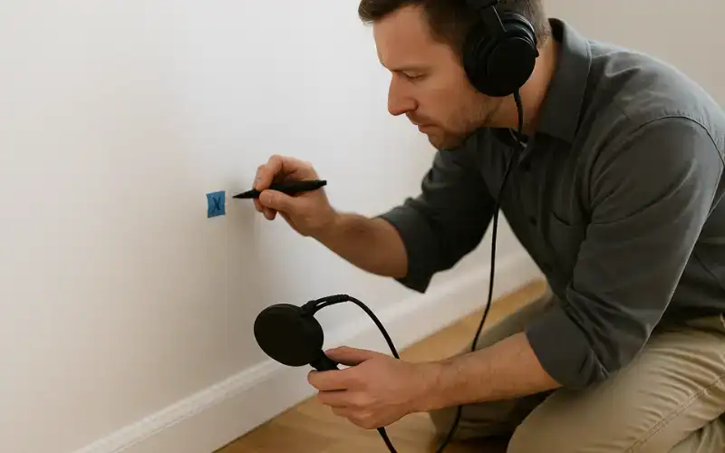 Technician using an acoustic leak detector at a wall to locate a hidden water leak