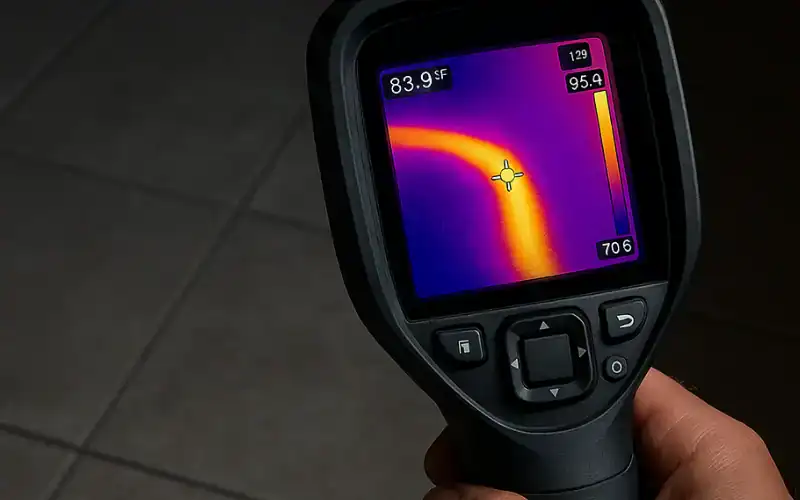 Thermal camera showing a hot spot that indicates a potential slab leak