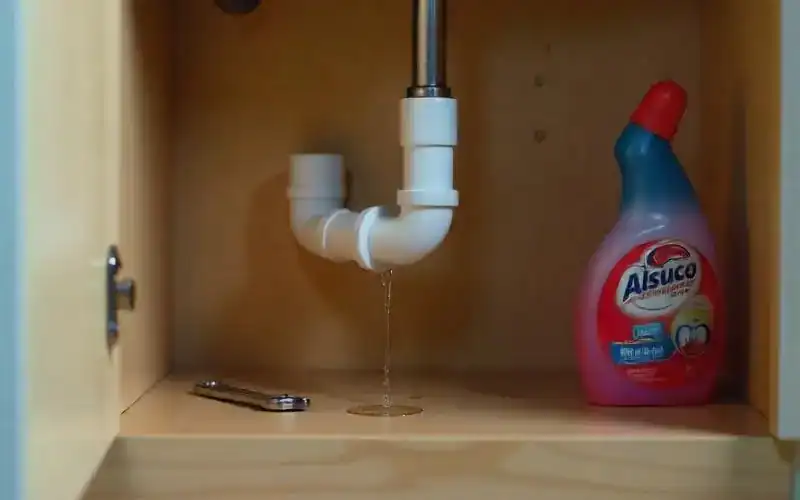 leaking pipe with water dripping onto the cabinet floor