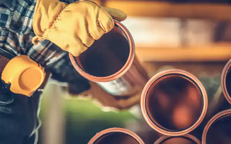 man picking up a copper pipe