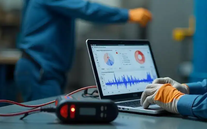 person typing on a laptop for slab leak detection