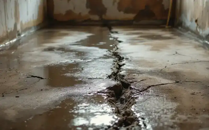 slab leak shows water pooling on a concrete slab foundation
