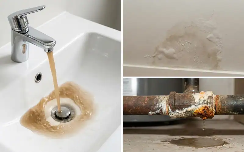 split screen of rusty water, water stains and leach lead with corrosion inside pipes