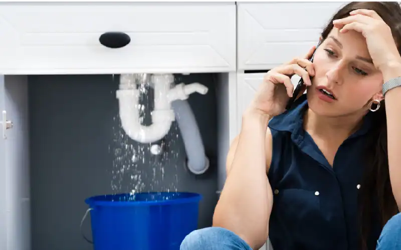 women in destress with burst pipe